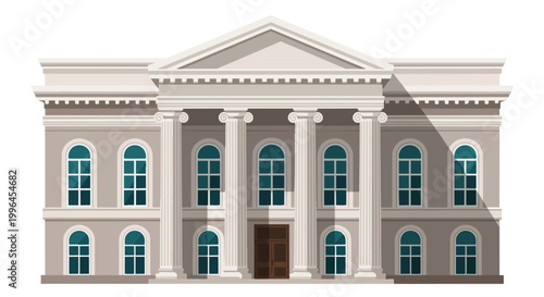 Detailed illustration of a neoclassical building with columns and arches, front view, concept for architecture design, historic preservation, and government institutions promotion.