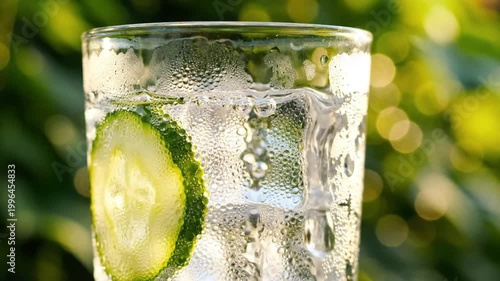 Pouring Refreshing Iced Cucumber Water in Sunny Garden