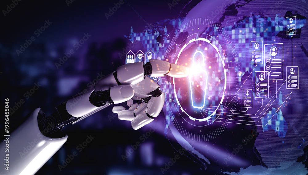 Fototapeta premium AI artificial intelligence transforms hiring with digital recruiters, virtual HR assistants, and smart matching tools for modern talent acquisition. Vouch