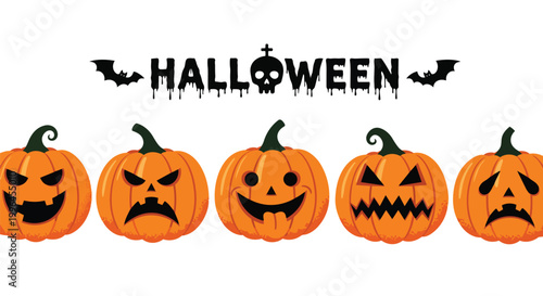 Five orange carved pumpkins with diverse carved faces and halloween text, concept for halloween promotion, autumn season, and holiday decorations.
