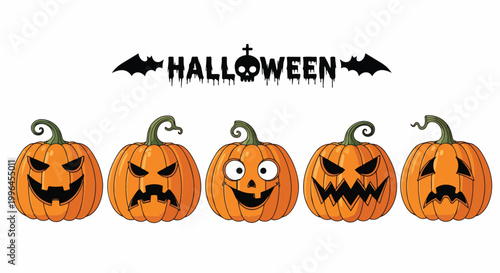 Five carved orange pumpkins with various facial expressions and Halloween text on white, perfect for holiday promotions, event invitations, and festive designs.