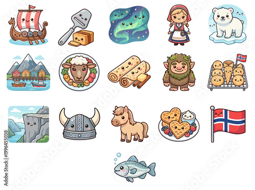 Cute cartoon icons representing Norway and its culture
