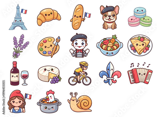 Cute cartoon icons of iconic French elements and symbols