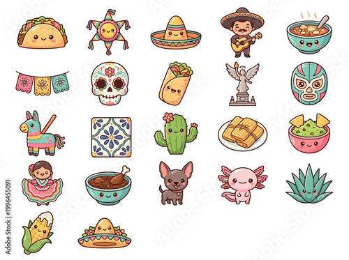 Cute cartoon illustrations of Mexican cultural icons and food