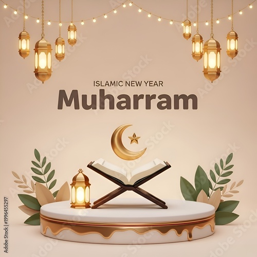 Elegant Muharram Islamic New Year Lantern Podium Poster