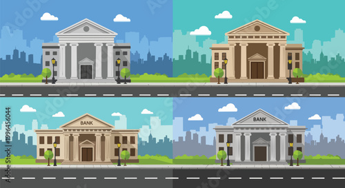 Illustration of four different bank buildings with a cityscape background, flat design, suitable for finance articles, banking websites, and business presentations.