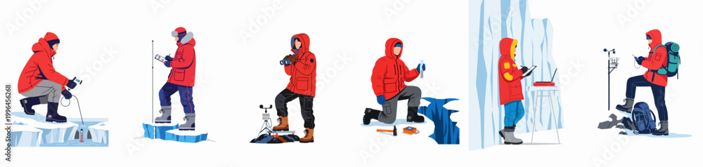Fototapeta premium Set of Polar Researchers and Arctic Scientists Conducting Field Studies, Climate Monitoring, and Environmental Data Collection in Extreme Cold Conditions.
