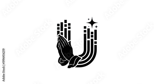 Praying hands illustration with abstract bars and stars