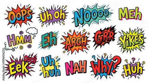 A vibrant collection of comic book style sound effect words and exclamations, presented in a dynamic and colorful arrangement.