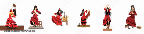 Collection of six vector illustrations depicting female flamenco dancers in traditional red dresses, showcasing various poses, accessories, and iconic elements of Spanish culture.