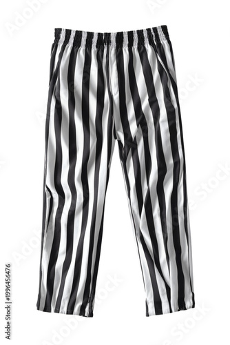 Close up view of a pair of loose fitting black and white vertical striped casual pants featuring an elastic waistband 