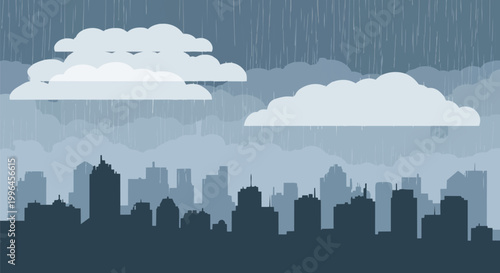 Minimalist vector illustration of a cityscape under a rainy sky with clouds in flat design, ideal for weather forecasts, urban art and environmental reports.