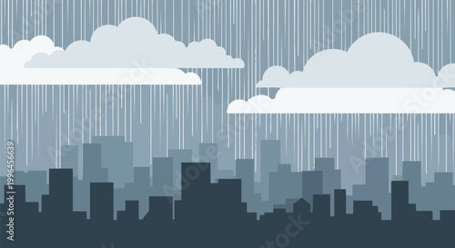 Minimalist vector illustration of rainy cityscape with clouds and falling rain, in shades of blue, suitable for weather reports, environmental design and urban landscape promotion.