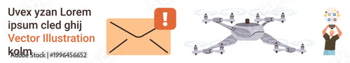Digital communication, technology, innovation, virtual reality, delivery systems, entertainment. Email with alert icon, quadcopter person using VR headset. Communication and technology concepts