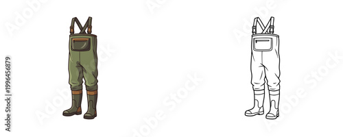 Fishing waterproof waders in flat colored and black line styles green and brown colors for wading angling activity on white background