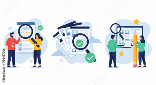 People reviewing resumes with magnifying glasses and laptops on white background, concept for recruitment, hiring and human resources.