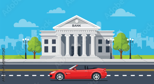 Red convertible car driving in front of a bank building, cartoon illustration, perfect for financial services, banking ads, and insurance promotions.