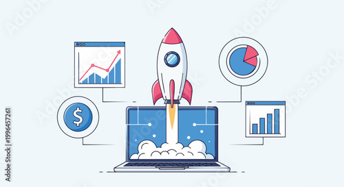 Rocket launching from laptop with charts and dollar icon on light blue background, modern design for business startup, financial growth and market success.