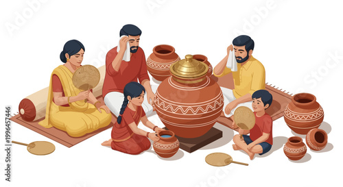 Amidst the Indian summer heat, a family cools down near earthen pots, depicted in a bright, illustrative style with warm tones, showcasing traditional clothing and fans against a white
