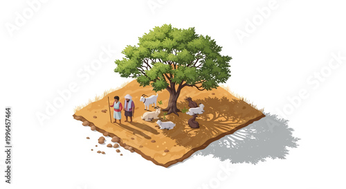 Isometric illustration shows a rural scene of hot weather in India, with farmers and livestock seeking shade under a large tree on parched land, capturing the essence of the Indian summer