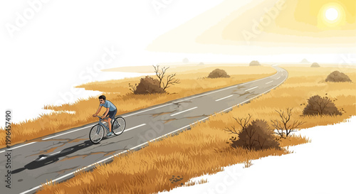 Against a bright, sunny, white background evoking the Indian summer heat, a cyclist pedals down a long, straight road through a dry, warm landscape, depicted in a flat, illustrated style
