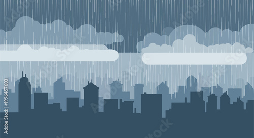 Silhouette of a city skyline with falling rain, overcast sky with clouds in the background, ideal for weather forecasts, urban landscapes, and environmental awareness campaigns.