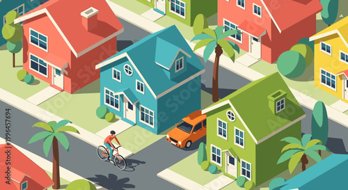 Colorful Isometric Neighborhood with Houses, Car, and Cyclist