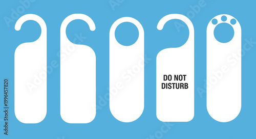 Set of five blank and one 'Do Not Disturb' door hangers on blue background