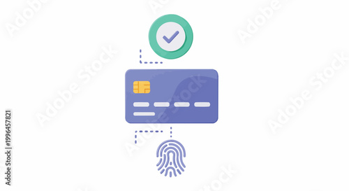 Stylized credit card with checkmark and fingerprint, icon for online payment security, suitable for financial websites, banking applications and e-commerce platforms.