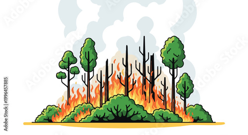 Stylized illustration of forest fire with flames and smoke, minimalist vector style, concept for environmental awareness, ecological disaster awareness and climate change education.