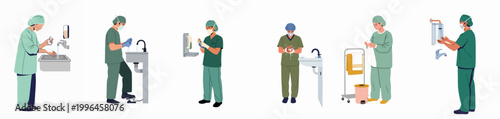 Obraz na plátne Illustration of medical professionals performing surgical hand scrubbing and washing procedures to maintain hygiene and prevent infection in a clinical setting