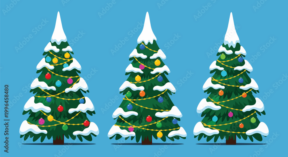 Obraz premium Three stylized Christmas trees with snow and colorful ornaments on a blue background, ideal for holiday cards, seasonal promotions and festive designs.