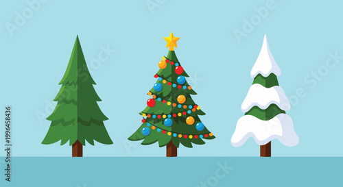 Three stylized Christmas trees, one plain green, one decorated with lights and ornaments, one snow-covered, concept for holiday greetings, winter celebrations and festive decor.