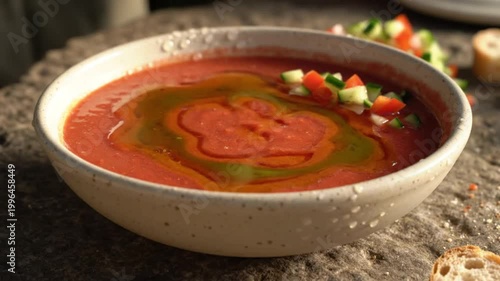 Drizzling Extra Virgin Olive Oil over Fresh Tomato Gazpacho Soup