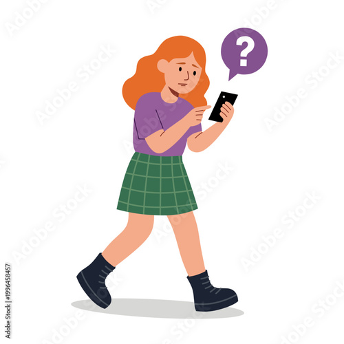 Cartoon redhead girl walking using smartphone question bubble flat design vector illustration
