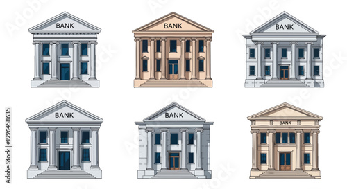 Various stylized bank buildings with columns and pediments, illustration, concept for banking services, financial institutions, and investment presentations.