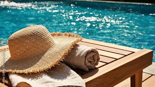 Straw Hat and Towels on Sun Lounger by Shimmering Swimming Pool