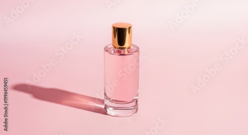 Minimalist glass perfume bottle with a golden cap sits centrally on a soft pastel pink background, casting a subtle shadow in light, vibrant, cap, simple