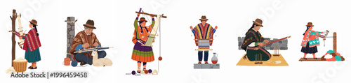 Konstfotografi Set of traditional Peruvian weavers in vibrant ethnic clothing using ancestral looms and manual techniques, showcasing rich Andean cultural heritage