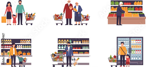 People Grocery Shopping Vector Set with Family in Supermarket Choosing Products Using Cart and Store Interior Scenes for Retail Lifestyle Design