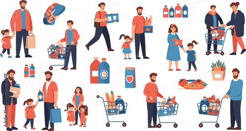 Family Grocery Shopping Vector Set with Parents and Children Buying Food Using Cart and Basket for Supermarket Retail Lifestyle Design