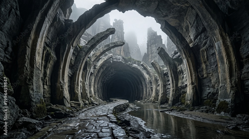 Naklejka premium A stone path winds through a tunnel of massive, bone-like rock arches in a misty mountain landscape. A small stream flows alongside the path, leading into a dark, mysterious cavern entrance.