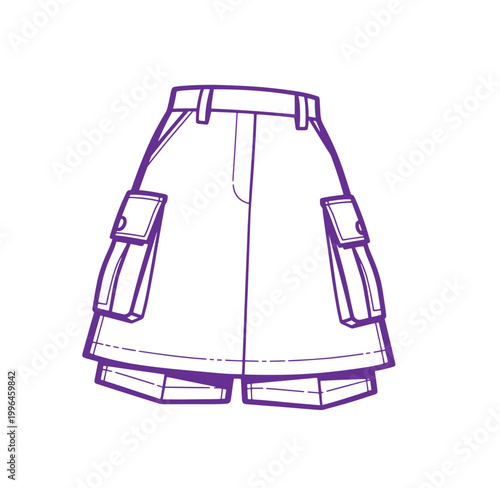 Purple line drawing of a cargo skirt with pockets and belt loops