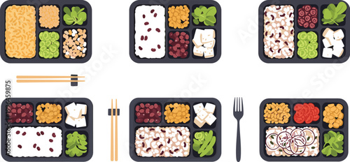 Healthy Bento Lunch Box Vector Set with Balanced Meals Rice Vegetables Protein and Japanese Style Food Containers for Diet and Nutrition Design