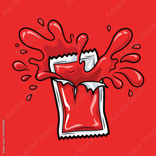 Ketchup packet with red liquid splashing.