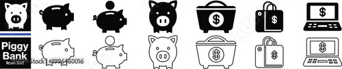 Piggy bank icon. Piggybank with falling coins. Baby pig piggy bank. Pig silhouette. 
