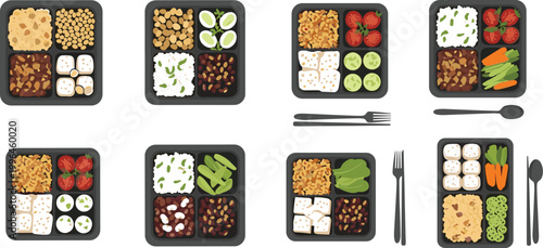 Healthy Meal Prep Lunch Box Vector Set with Balanced Diet Food Portions Vegetables Protein and Clean Eating Containers for Nutrition Design