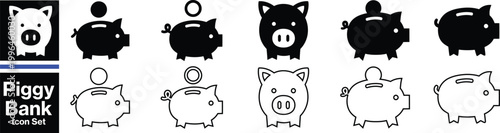 Piggy bank icon. Piggybank with falling coins. Baby pig piggy bank. Pig silhouette. 