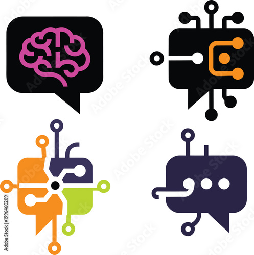 A modern collection of AI chatbot and intelligent communication icons that blend speech bubbles with neural and circuit elements. The designs symbolize conversational AI, machine learning, and smart i