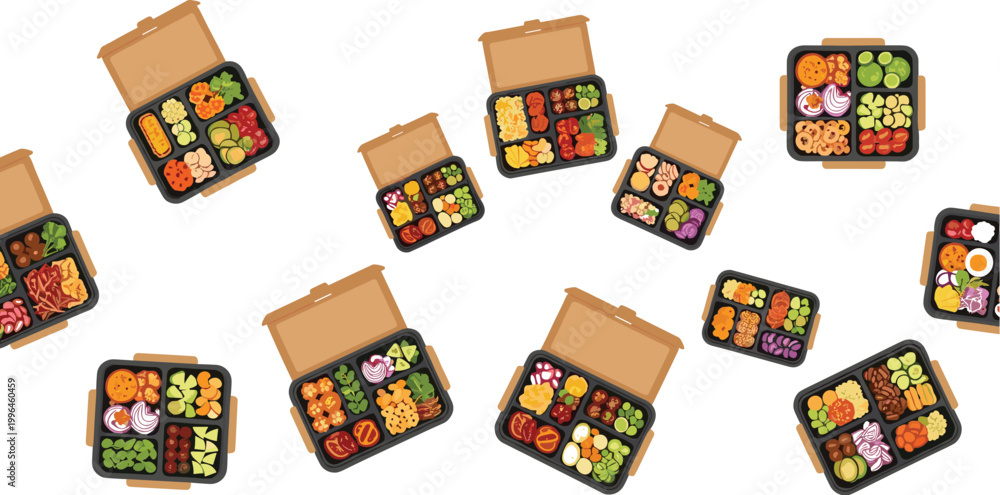Naklejka premium Healthy Meal Prep Lunch Box Pattern Vector with Balanced Diet Food Portions Vegetables Protein and Clean Eating Containers for Nutrition Design